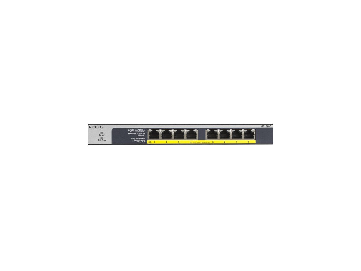 Netgear GS108LP Non-géré Gigabit Ethernet (10/100/1000) Noir, Gris 1U Connexion Ethernet, supportant l'alimentation via ce port (PoE)