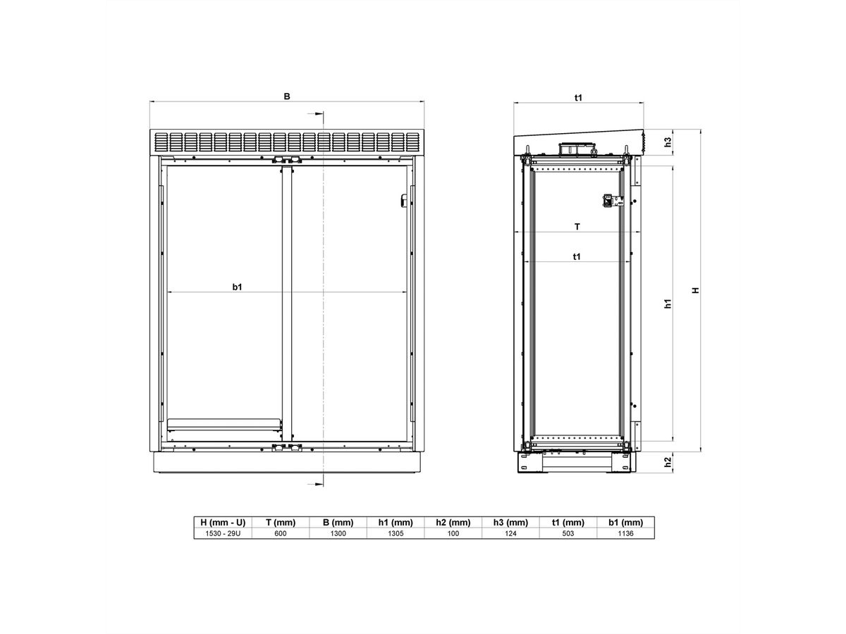 SCHROFF Armoire modulaire de ventilation pour l'extérieur avec porte double, ventilateur, 1530H 29 U, 1300W 630D
