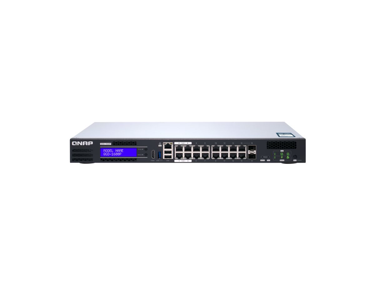 QNAP QGD-1600P Géré Gigabit Ethernet (10/100/1000) Connexion Ethernet, supportant l'alimentation via ce port (PoE) 1U Noir, Gris