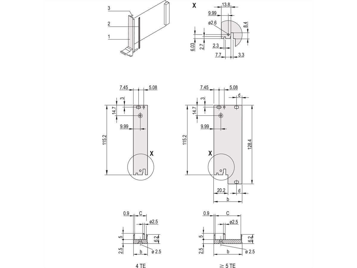 SCHROFF Plug-In Unit U-Profile Face avant pour IEL, IET, Type 2, 3 U, 6 HP, Décalage 0,1", 2,5 mm, Al, Anodisé frontal, Conducteur arrière