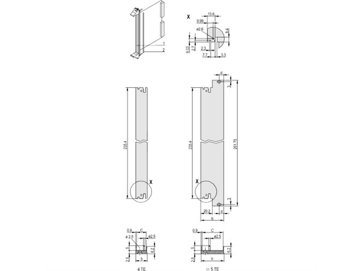 SCHROFF Plug-In Unit U-Profile Face avant pour IEL, IET, Type 2 Poignée, 6 U, 7 HP, 2,5 mm, Al, Anodisé frontal, Conducteur arrière