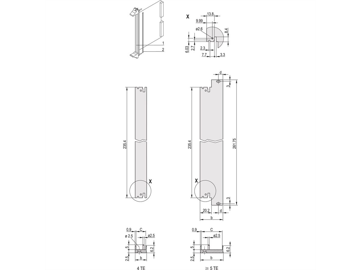 SCHROFF Plug-In Unit U-Profile Face avant pour IEL, IET, Type 2, 3 U, 12 HP, décalage 0,1", 2,5 mm, alu, anodisé frontal, conducteur arrière