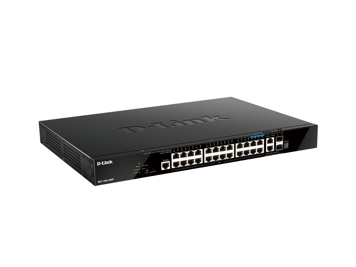 D-Link DGS-1520-28MP/E commutateur réseau Géré L3 Gigabit Ethernet (10/100/1000) Connexion Ethernet, supportant l'alimentation via ce port (PoE) 1U Noir