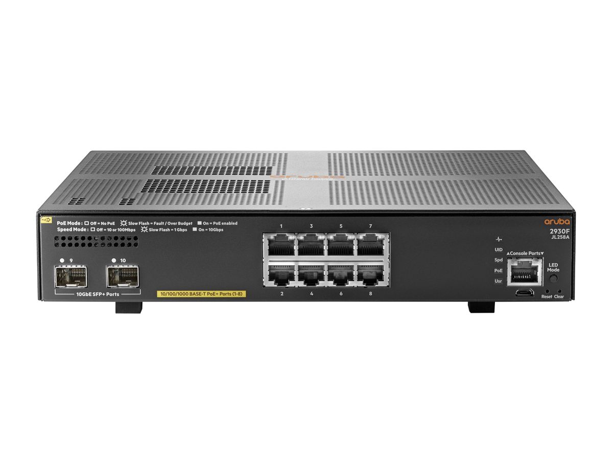 Hewlett Packard Enterprise Aruba 2930F 8G PoE+ 2SFP+ Géré L3 Gigabit Ethernet (10/100/1000) Gris 1U Connexion Ethernet, supportant l'alimentation via ce port (PoE)