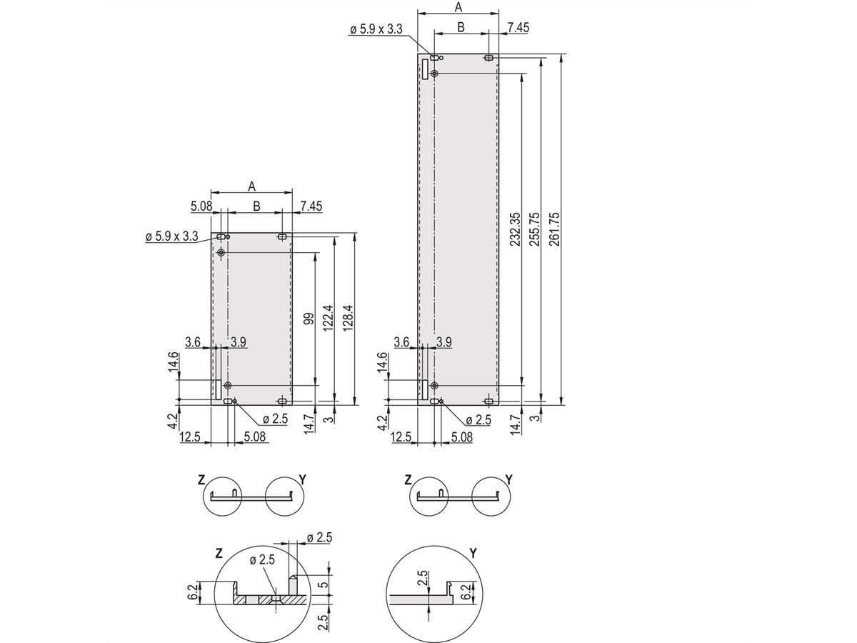 SCHROFF Plug-In Unit U-Profile Face avant pour poignée Forme 1, 3 U, 6 CV, 2,5 mm, Al, Anodisé frontal, Conducteur arrière