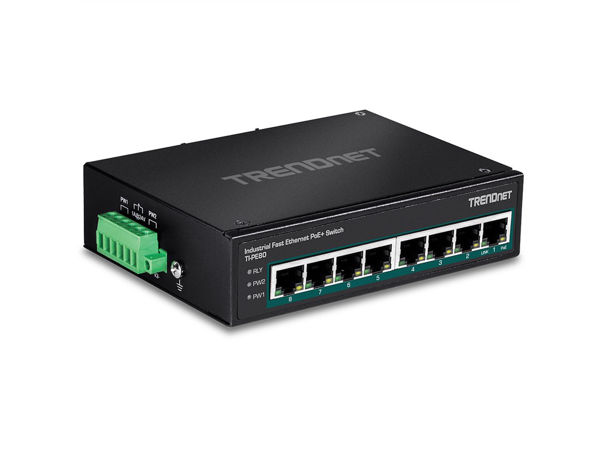 TRENDnet TI-PE80 Switch Rail DIN Fast Ethernet PoE+ industriel à 8 ports