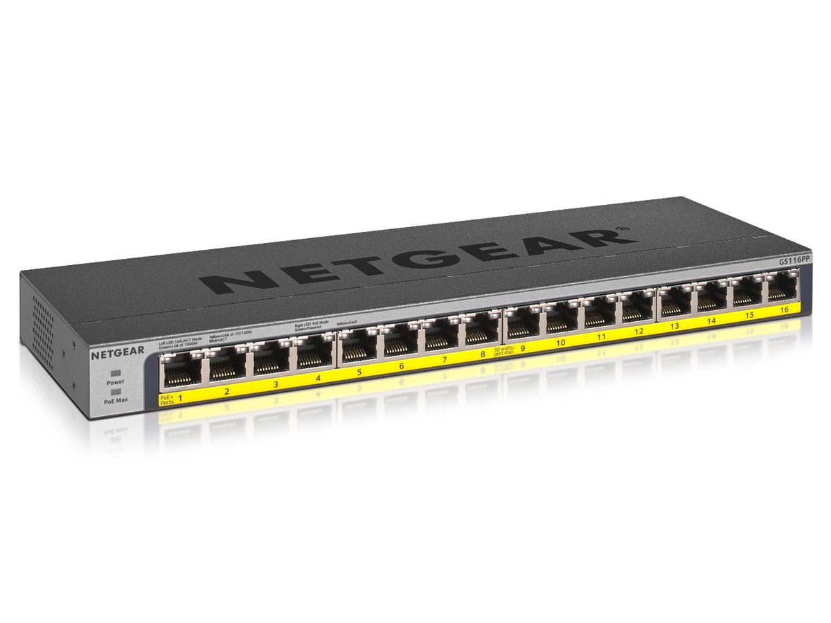 Netgear GS116PP Non-géré Gigabit Ethernet (10/100/1000) Noir Connexion Ethernet, supportant l'alimentation via ce port (PoE)