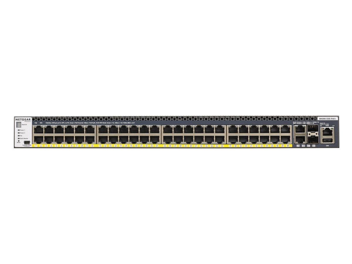 Netgear M4300-52G-PoE+ 550W PSU Géré L2/L3/L4 Gigabit Ethernet (10/100/1000) Noir 1U Connexion Ethernet, supportant l'alimentation via ce port (PoE)
