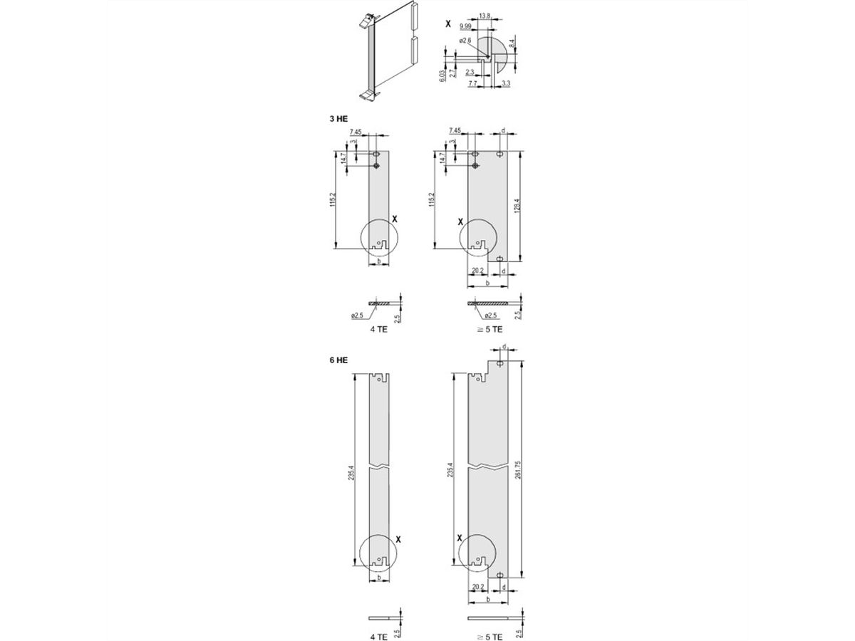 SCHROFF Plug-In Unit Face avant, non blindée, pour IEL, IET, Type 2 Poignée, 3 U, 10 CV, 2,5 mm, alu, anodisé avant, conducteur arrière