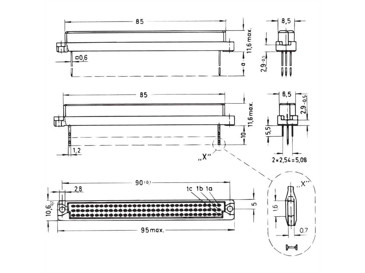 Connecteur SCHROFF de type C, EN 60603, DIN 41612, femelle, 96 contacts, broches à souder, 4 mm