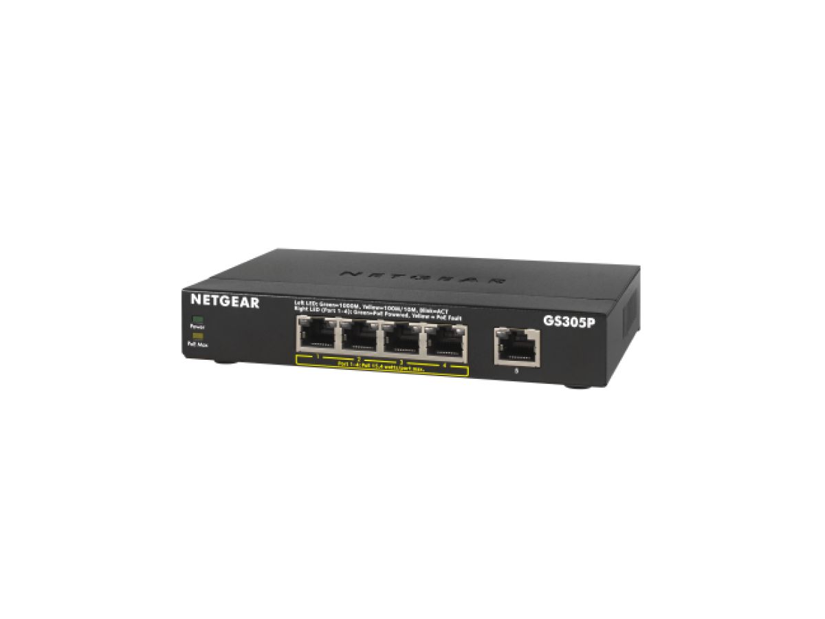 Netgear GS305Pv2 Non-géré Gigabit Ethernet (10/100/1000) Connexion Ethernet, supportant l'alimentation via ce port (PoE) Noir