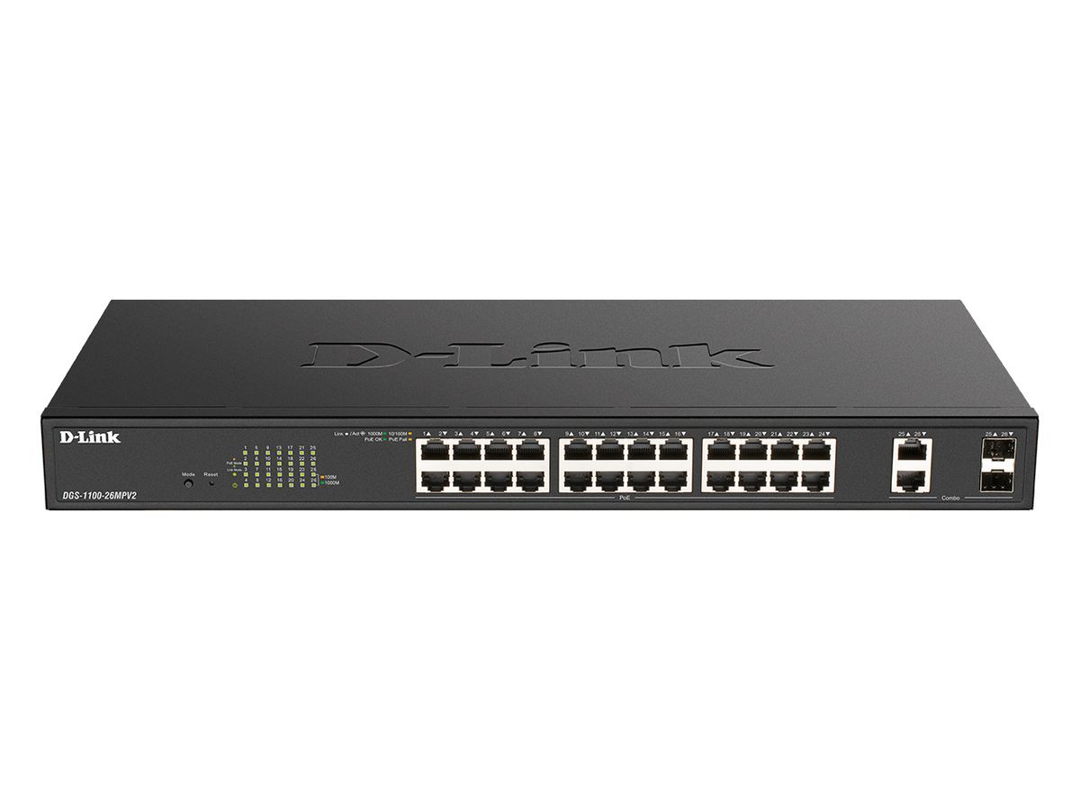 D-Link DGS-1100-26MPV2/E commutateur réseau Géré L2 Gigabit Ethernet (10/100/1000) Connexion Ethernet, supportant l'alimentation via ce port (PoE) Noir