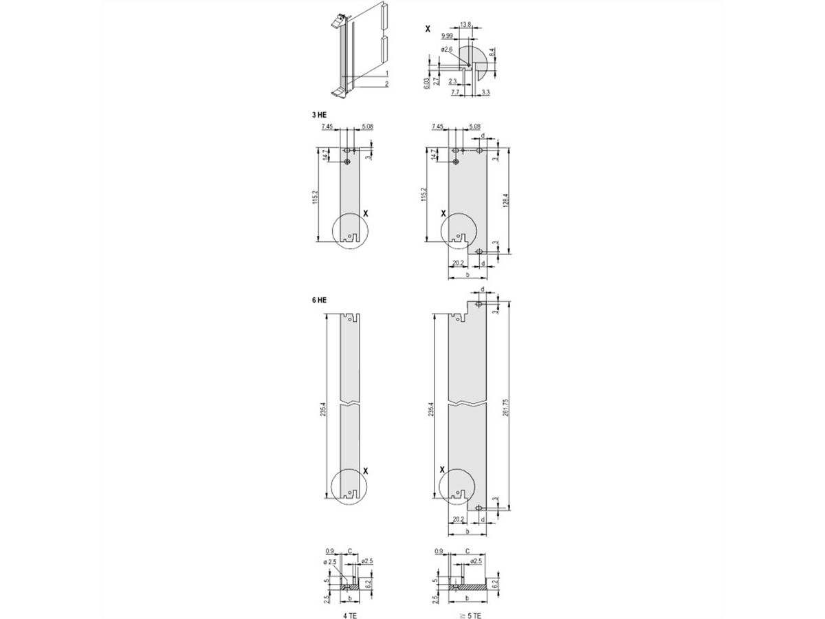 SCHROFF Plug-In Unit U-Profile Face avant pour IEL, IET, Type 2 Poignée, 3 U, 5 HP, 2,5 mm, Al, Anodisé frontal, Conducteur arrière