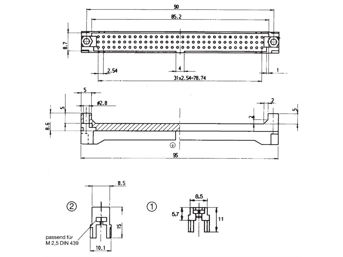 Boîtier de connexion SCHROFF pour type C et R, épaisseur du flanc 3,2 mm, poteaux 13 mm