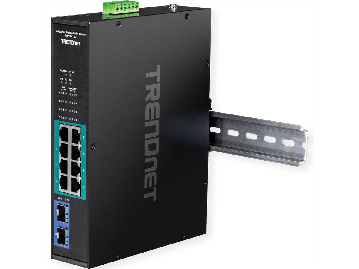 TRENDnet TI-PGM102 Switch Rail DIN industriel PoE+ Gigabit à 10 ports, -20° – 65°C