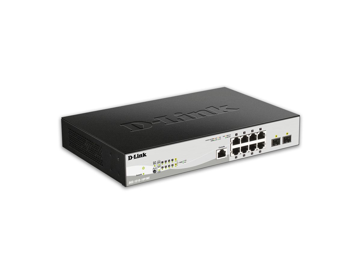 D-Link DGS-1210-10P/ME/E commutateur réseau Géré L2/L3 Gigabit Ethernet (10/100/1000) Connexion Ethernet, supportant l'alimentation via ce port (PoE) Noir, Gris
