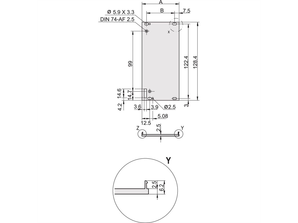 SCHROFF Plug-In Unit U-Profile Face avant pour poignée forme 1, 3 U, 12 CV, 2,5 mm, alu, face avant anodisée, face arrière conductrice