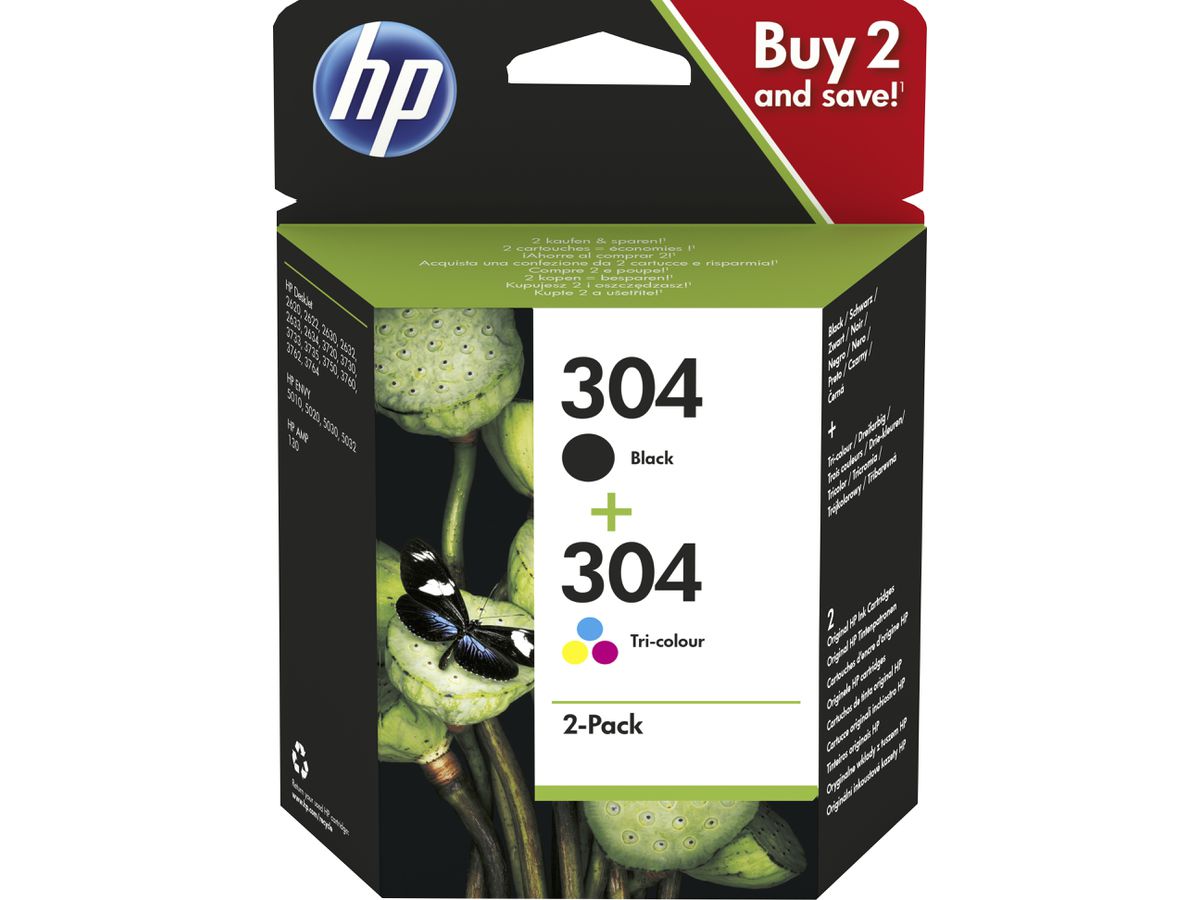 HP Pack de 2 cartouches authentiques d'encre noire/trois couleurs 304